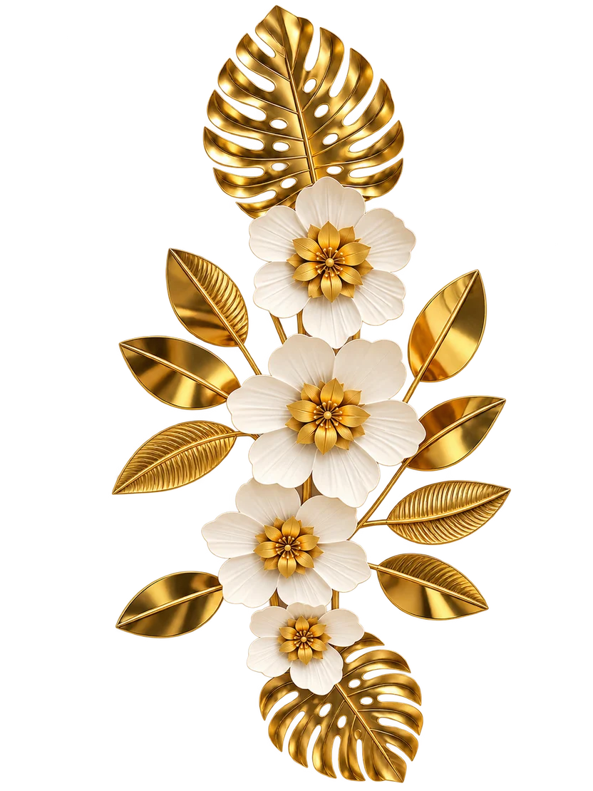 Elitezza Vertical Cascading Flower Wall Art – Gold Monstera & White Blooms Decor