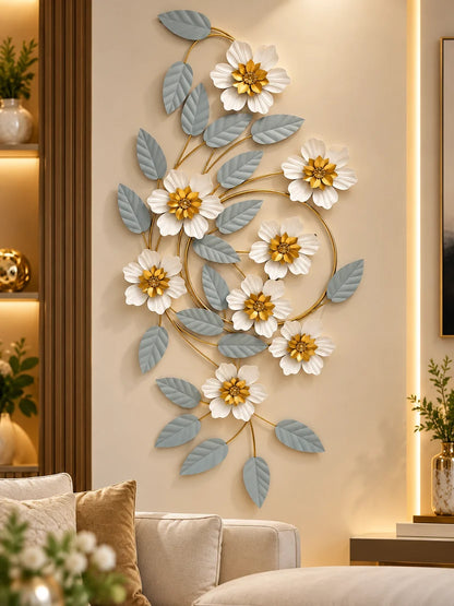 Elitezza Swirling Metal Flower Wall Sculpture – Modern Gold & Slate Blue Floral Decor