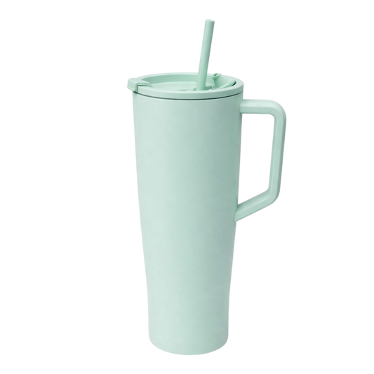 Elitezza HydroMax— Premium Stainless Steel Tumblers – Stylish, Durable & Built for Everyday Use. Elitezza stainless steel tumbler in silver, insulated for hot and cold drinks. travel tumbler with lid, sleek and modern design. high-quality tumbler keeping beverages hot or cold for hours. double-wall insulated tumbler for office, gym, and travel use. premium water tumbler with spill-proof lid, portable and durable. tumbler with ergonomic design. Mint green tumbler with handle and straw on a white background