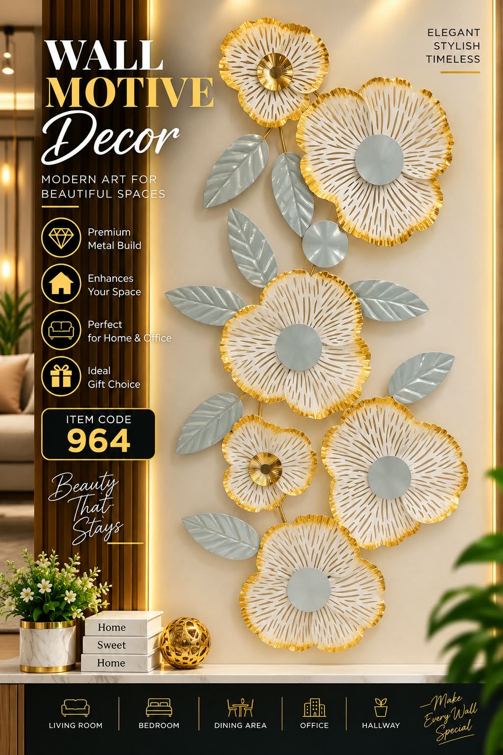 Elitezza Botanical Bloom 3D Metal Wall Art – Elegant Floral Wall Decor