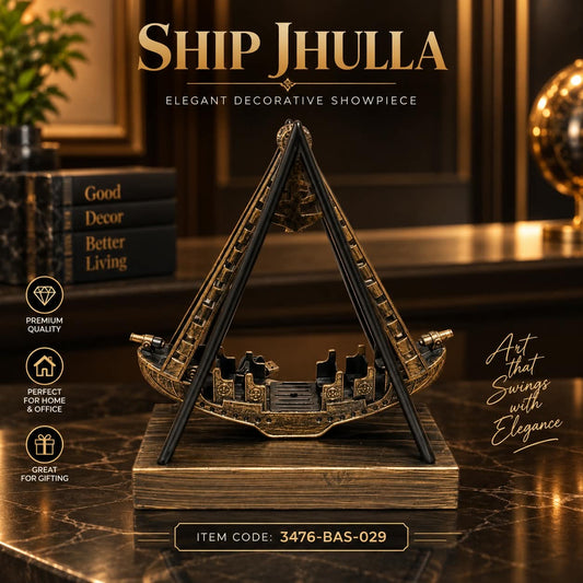 Metallic Ship Jhulla Showpiece – Antique Swinging Boat Sculpture Tabletop Accent