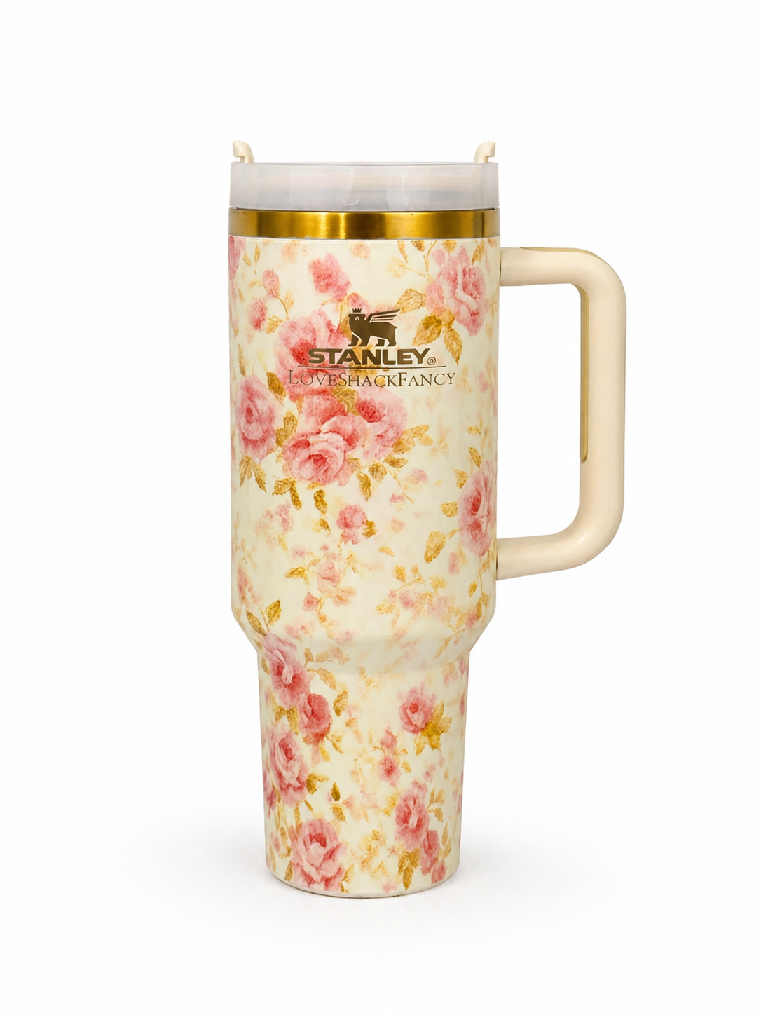 Floral-patterned Stanley mug on a white background. Stanley LoveShackFancy floral tumbler 40oz with handle, cream base with pink roses and gold accents, insulated travel mug on white background. Premium Stanley x LoveShackFancy insulated cup with vintage rose print, large handle and lid, aesthetic drink tumbler studio shot.