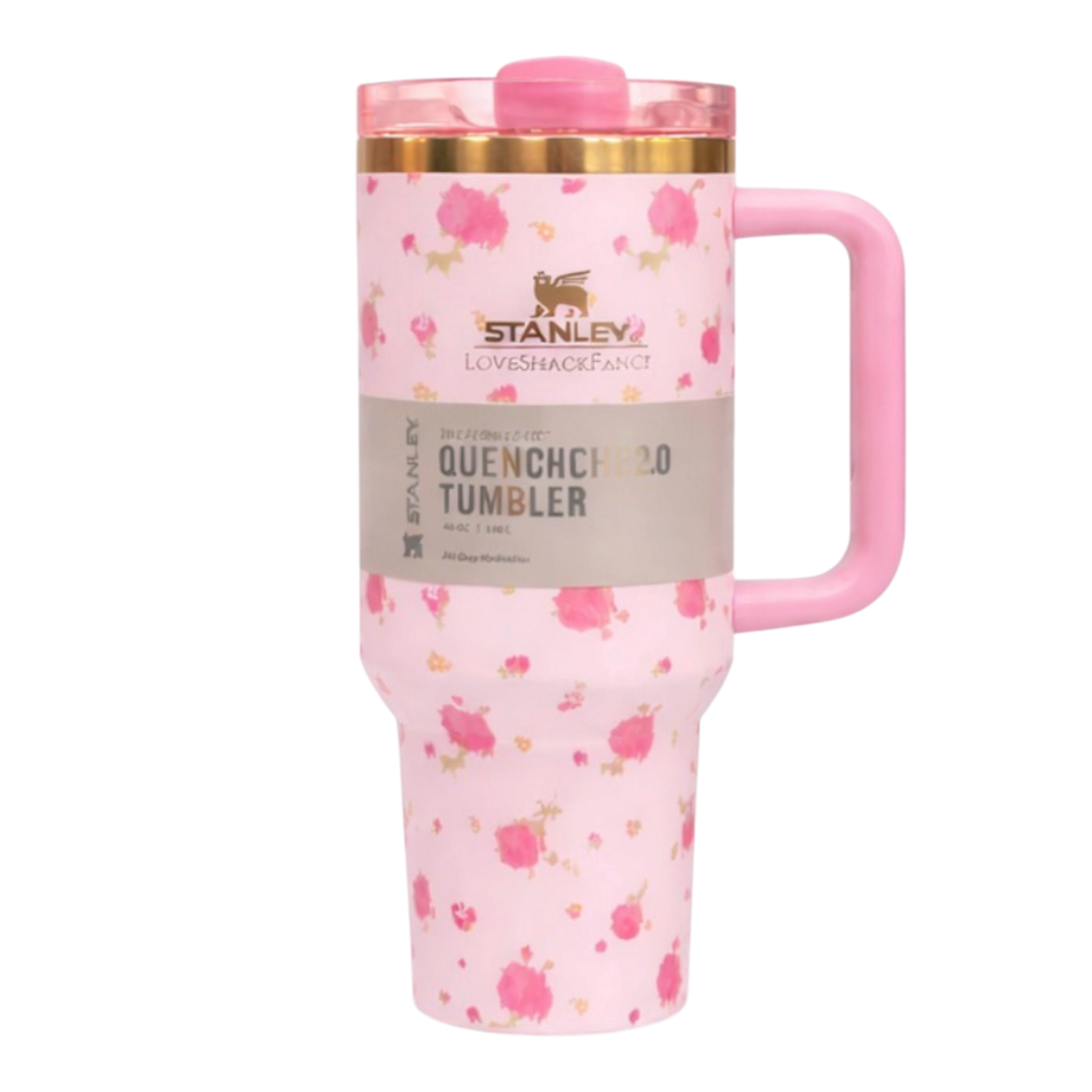 Floral Stanley tumbler 40oz aesthetic design with reusable straw. Pink floral Stanley tumbler with a handle on a white background