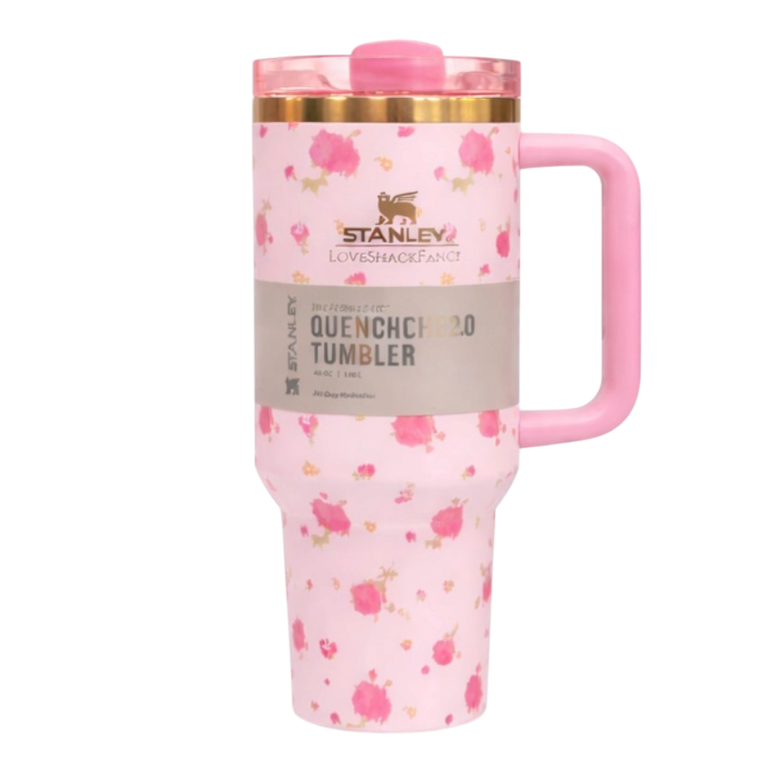Floral Stanley tumbler 40oz aesthetic design with reusable straw. Pink floral Stanley tumbler with a handle on a white background