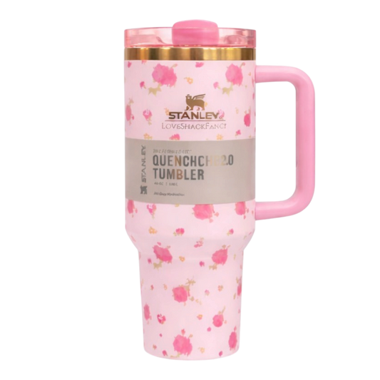 Floral Stanley tumbler 40oz aesthetic design with reusable straw. Pink floral Stanley tumbler with a handle on a white background