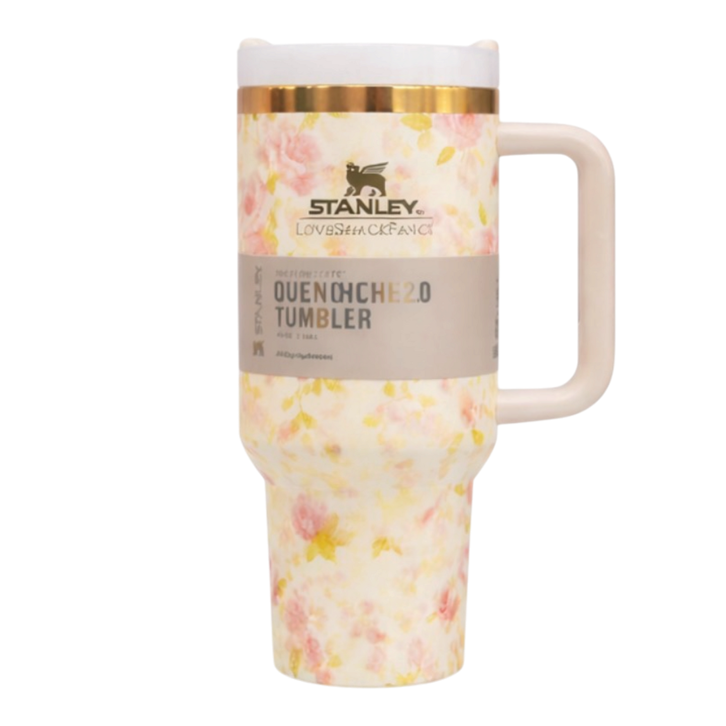 Cute aesthetic Stanley cup LoveShack Fancy collaboration. Floral-patterned tumbler with Stanley branding on a white background