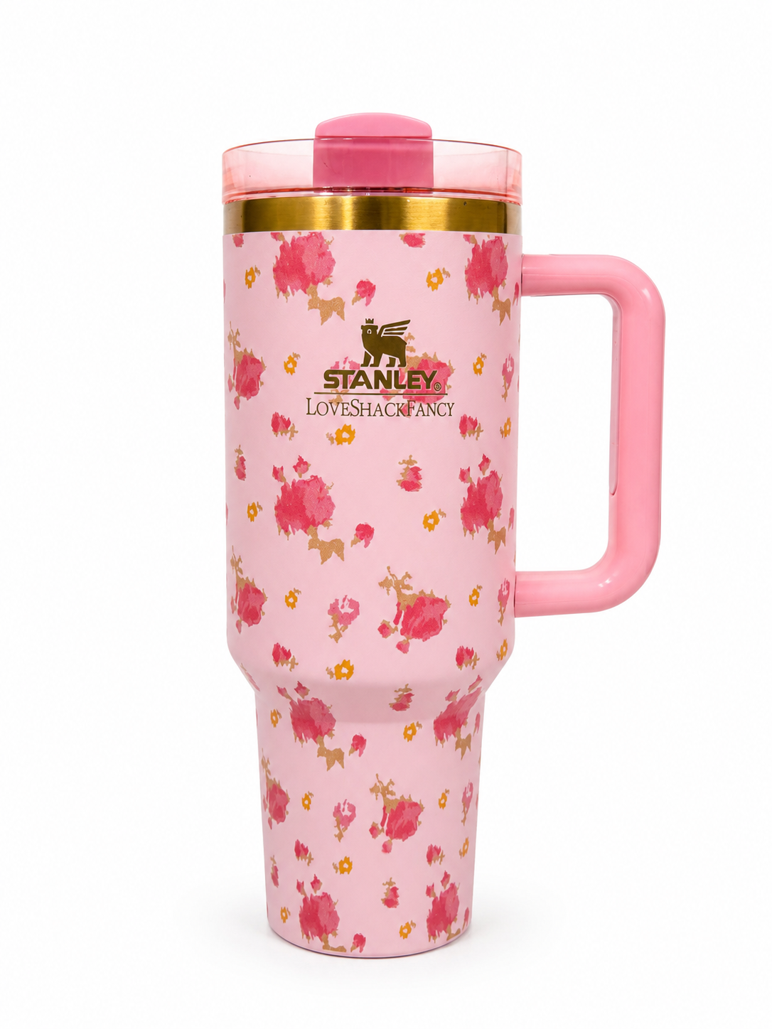 Light pink Stanley LoveShackFancy tumbler with floral print, 40oz insulated mug with handle and lid, stylish drinkware. Pink travel mug with floral pattern and Stanley logo on a white background. Stanley floral travel mug pastel pink with gold detailing, aesthetic insulated cup for everyday use.