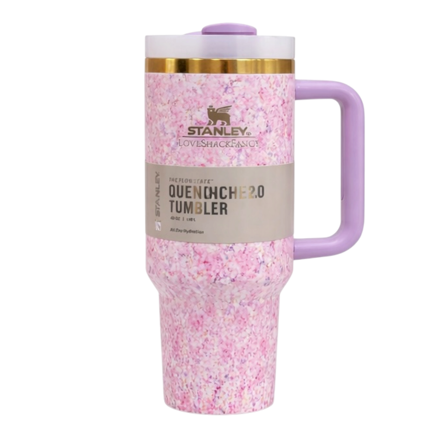 LoveShack Fancy Stanley 40oz floral stainless steel tumbler with handle and straw. Pink speckled tumbler with purple handle and lid on a white background