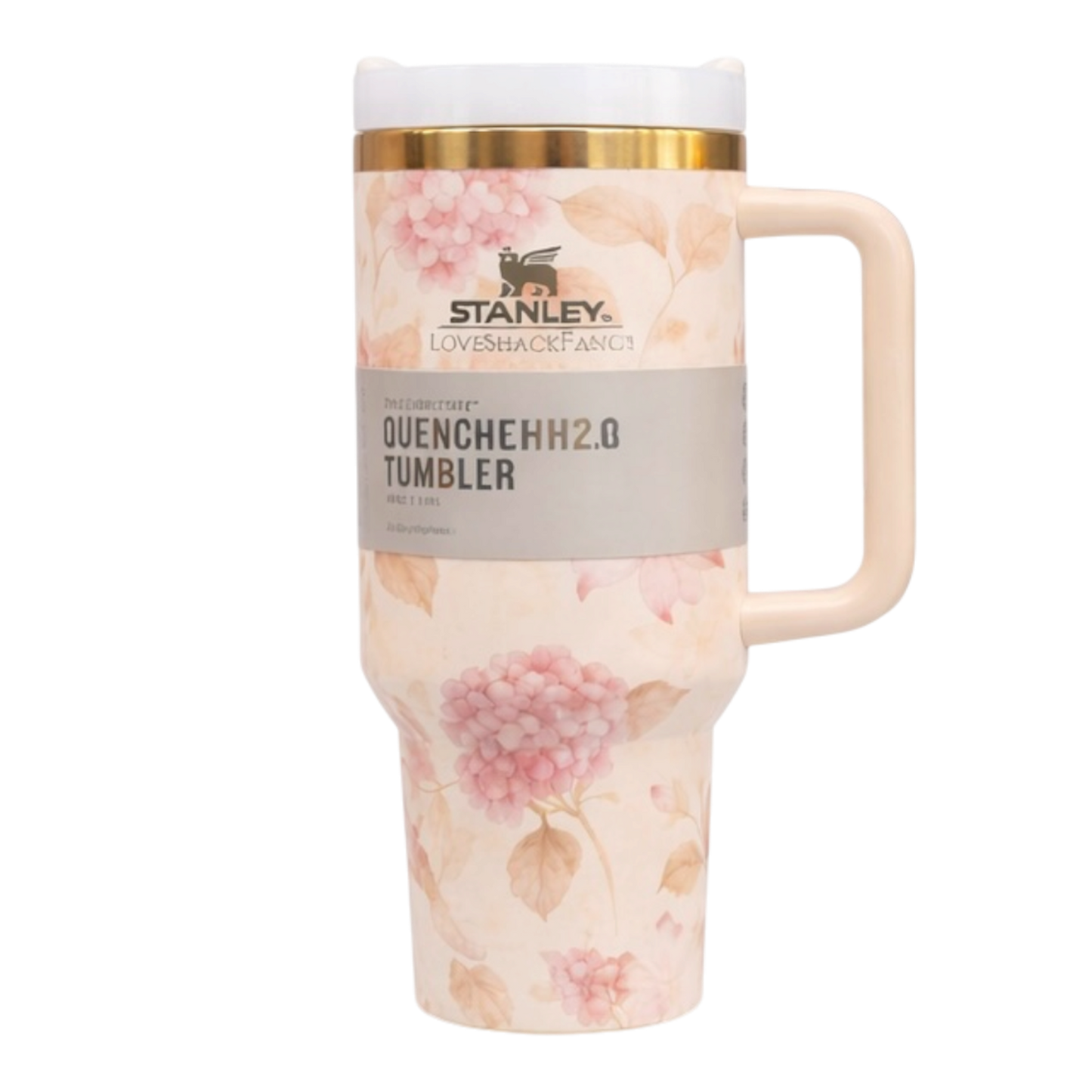 LoveShack Fancy Stanley 40oz tumbler with floral print and handle. Floral-patterned tumbler with Stanley branding on a white background