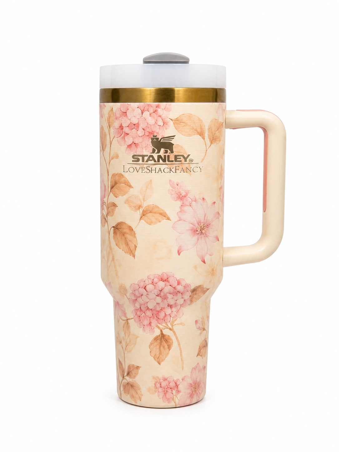 LoveShack Fancy Stanley 40oz tumbler with floral print and handle. Floral-patterned tumbler of Stanley