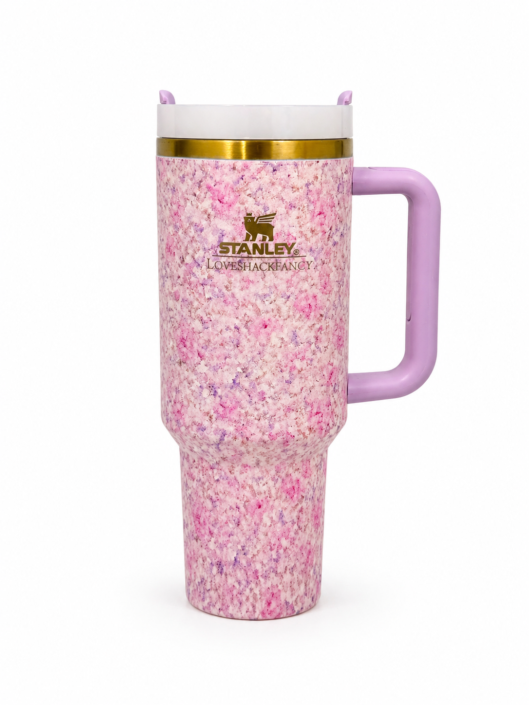 Pink speckled Stanley tumbler with a purple handle on a white background. Pink speckled Stanley tumbler with handle, 40oz insulated travel mug with gold rim and lid, modern aesthetic drinkware. Stanley insulated cup pastel pink terrazzo design, large handled tumbler for cold drinks.