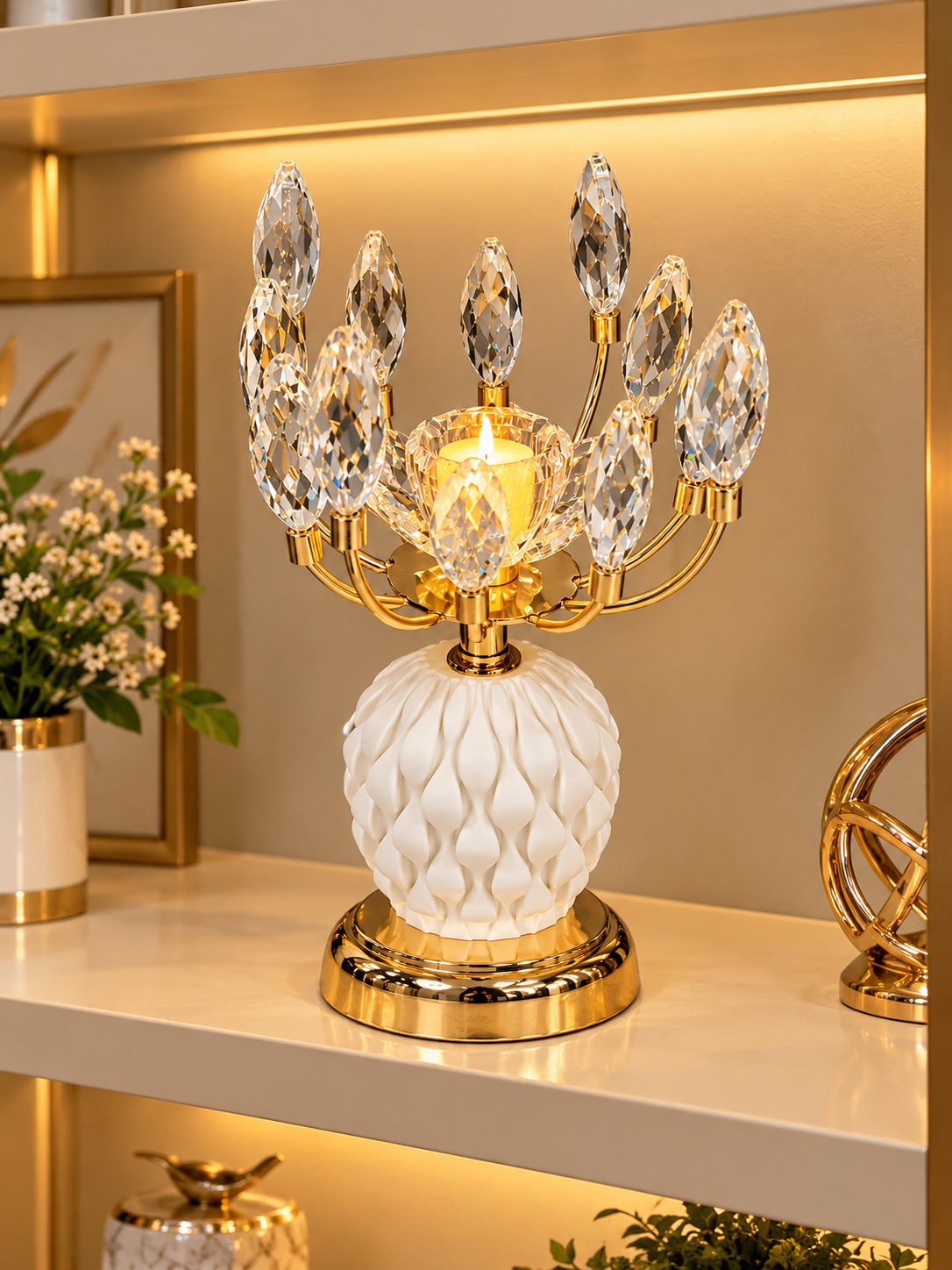 Luxury Gold Crystal Candle Holder with White Textured Base