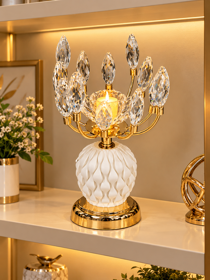 Luxury Gold Crystal Candle Holder with White Textured Base