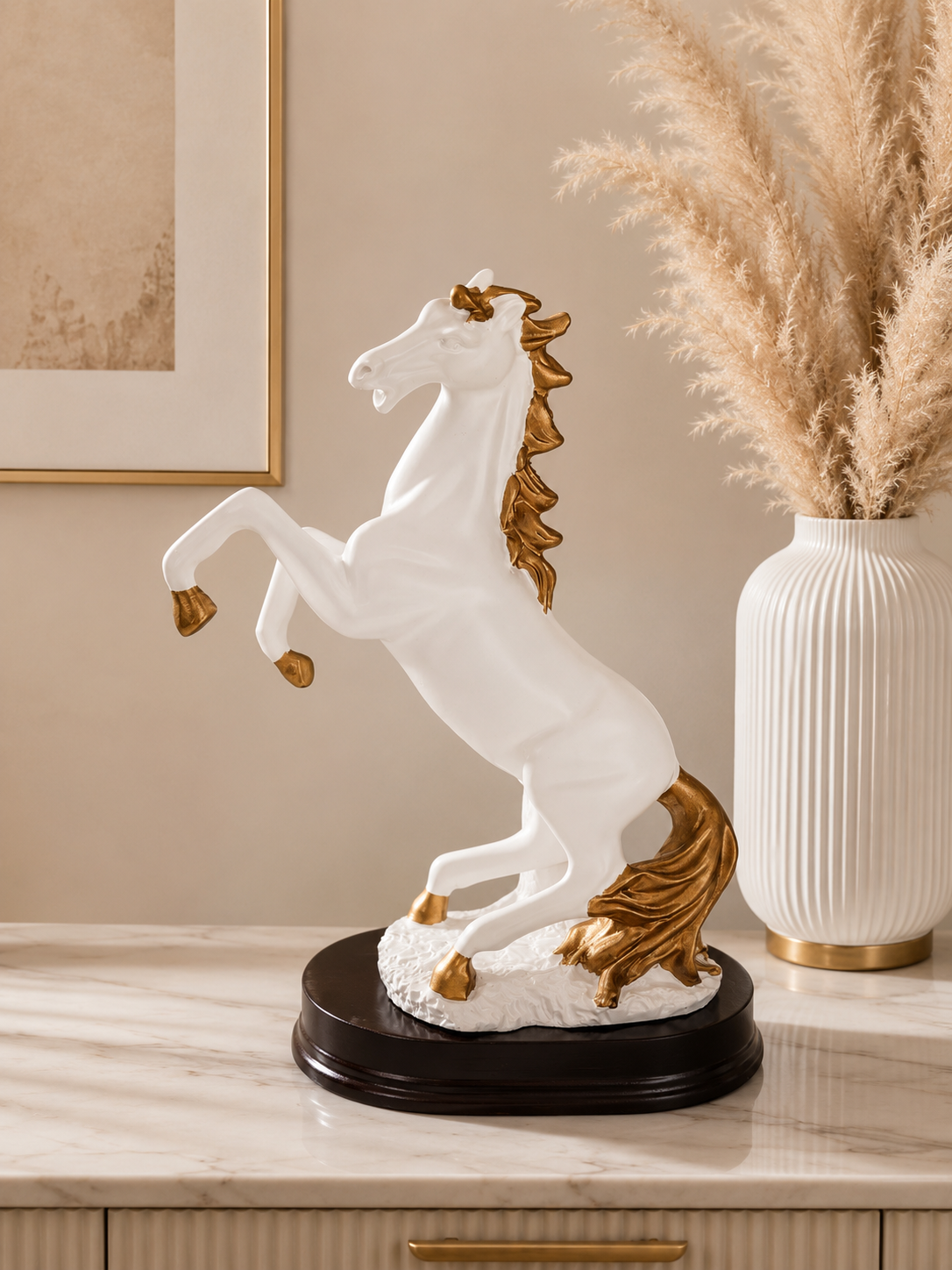 Luxury White & Gold Rearing Horse Sculpture