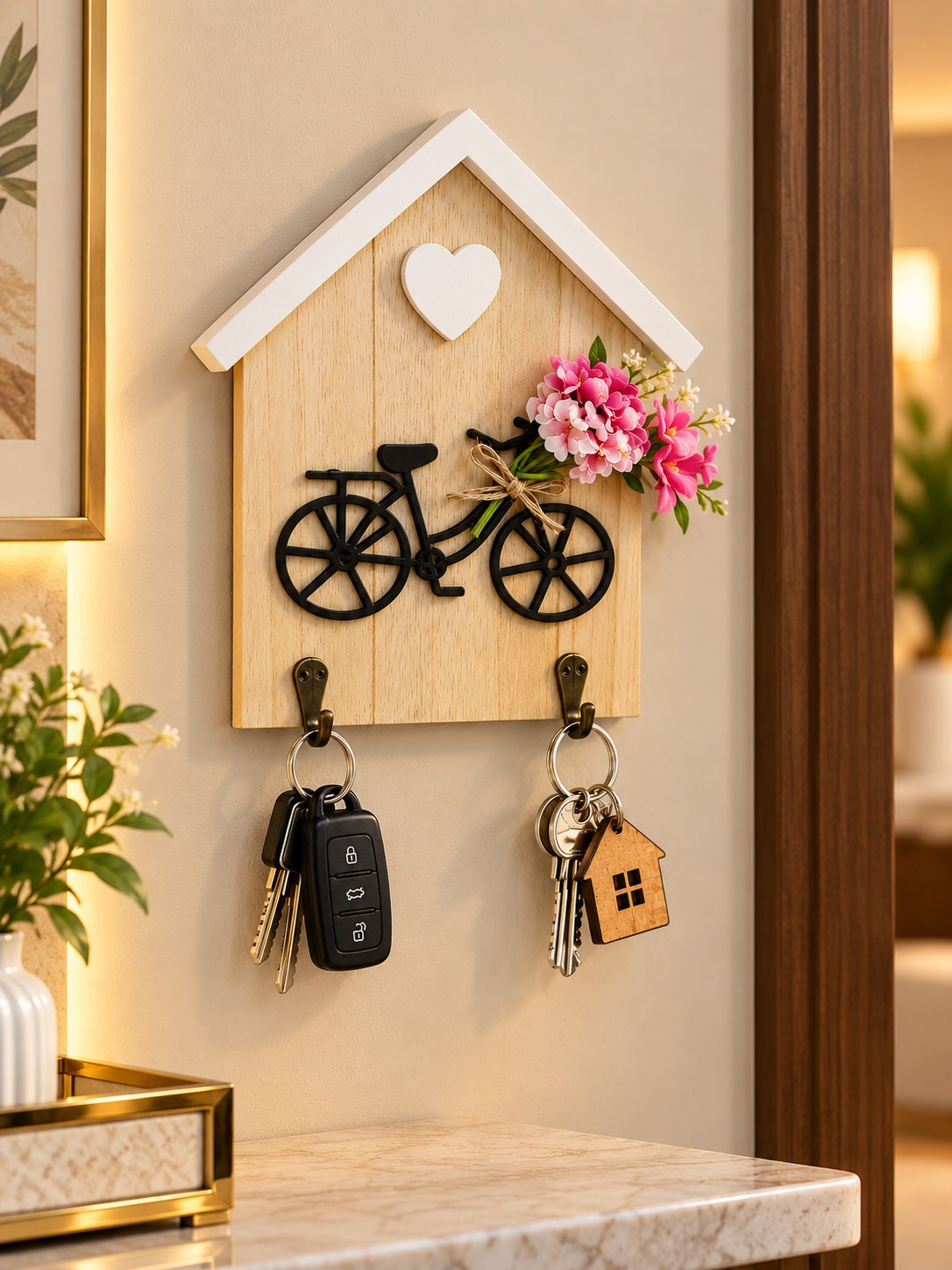 Wooden Bicycle Key Holder with 2 Hooks