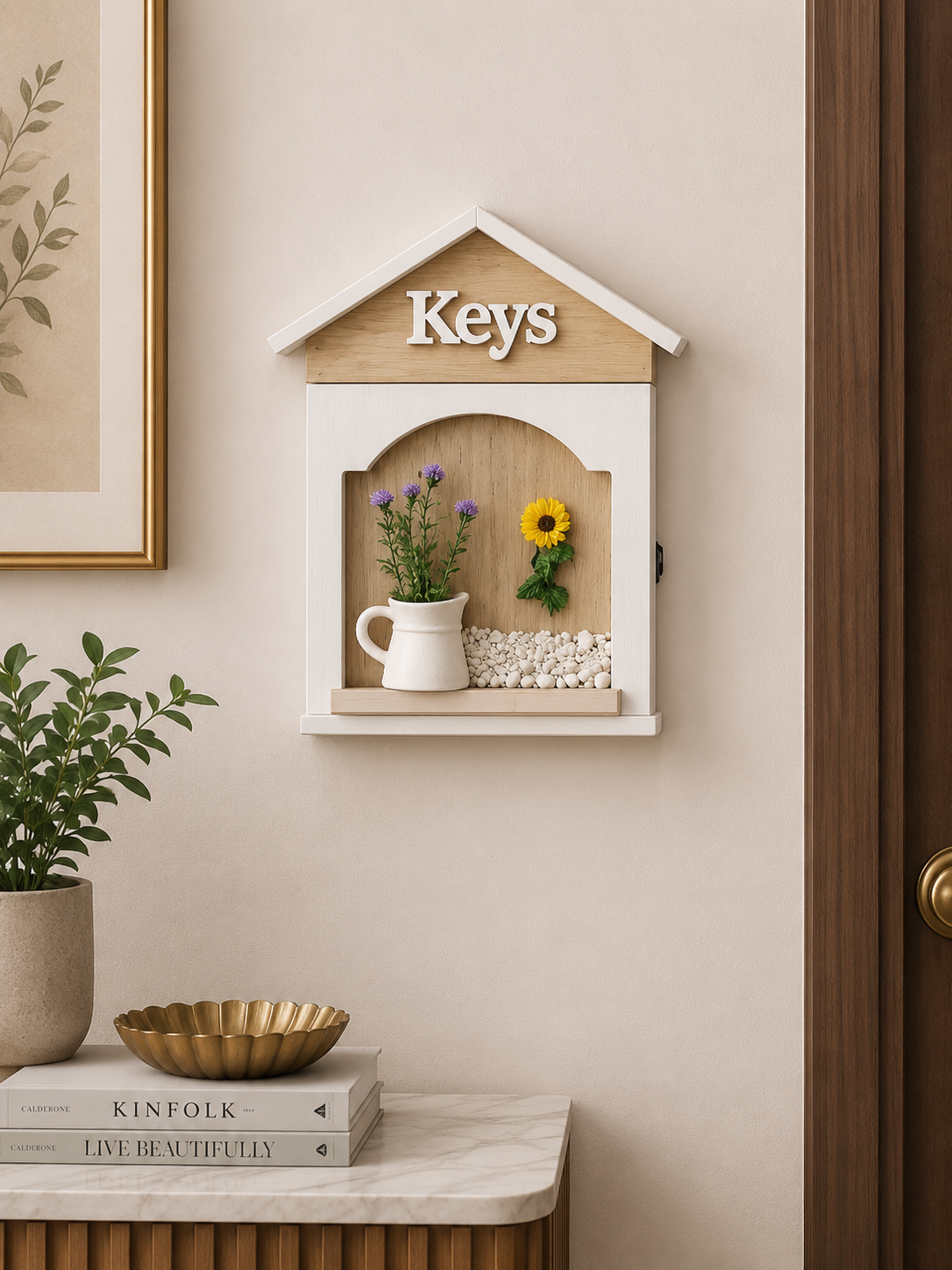 Wooden House Key Holder Box with Decorative Flowers