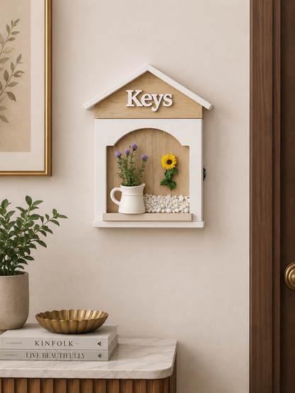 Wooden House Key Holder Box with Decorative Flowers