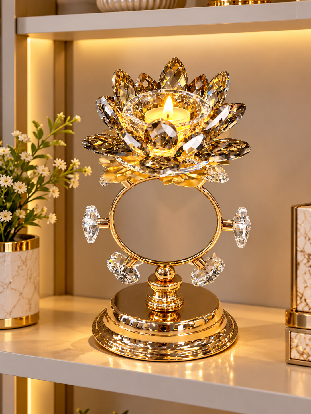 Luxury Gold Crystal Lotus Candle Holder