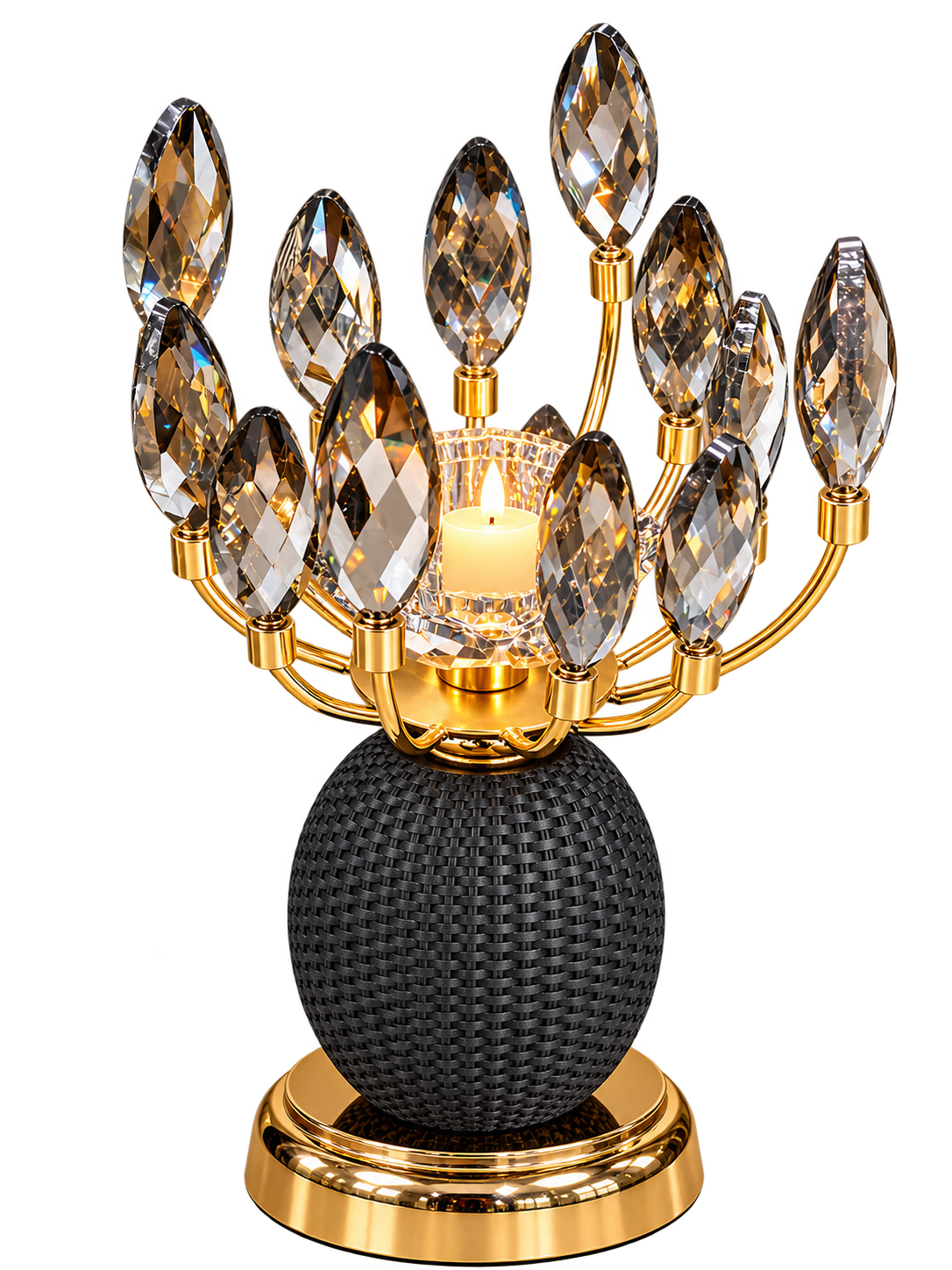 Luxury Gold Crystal Candle Holder with Black Textured Base
