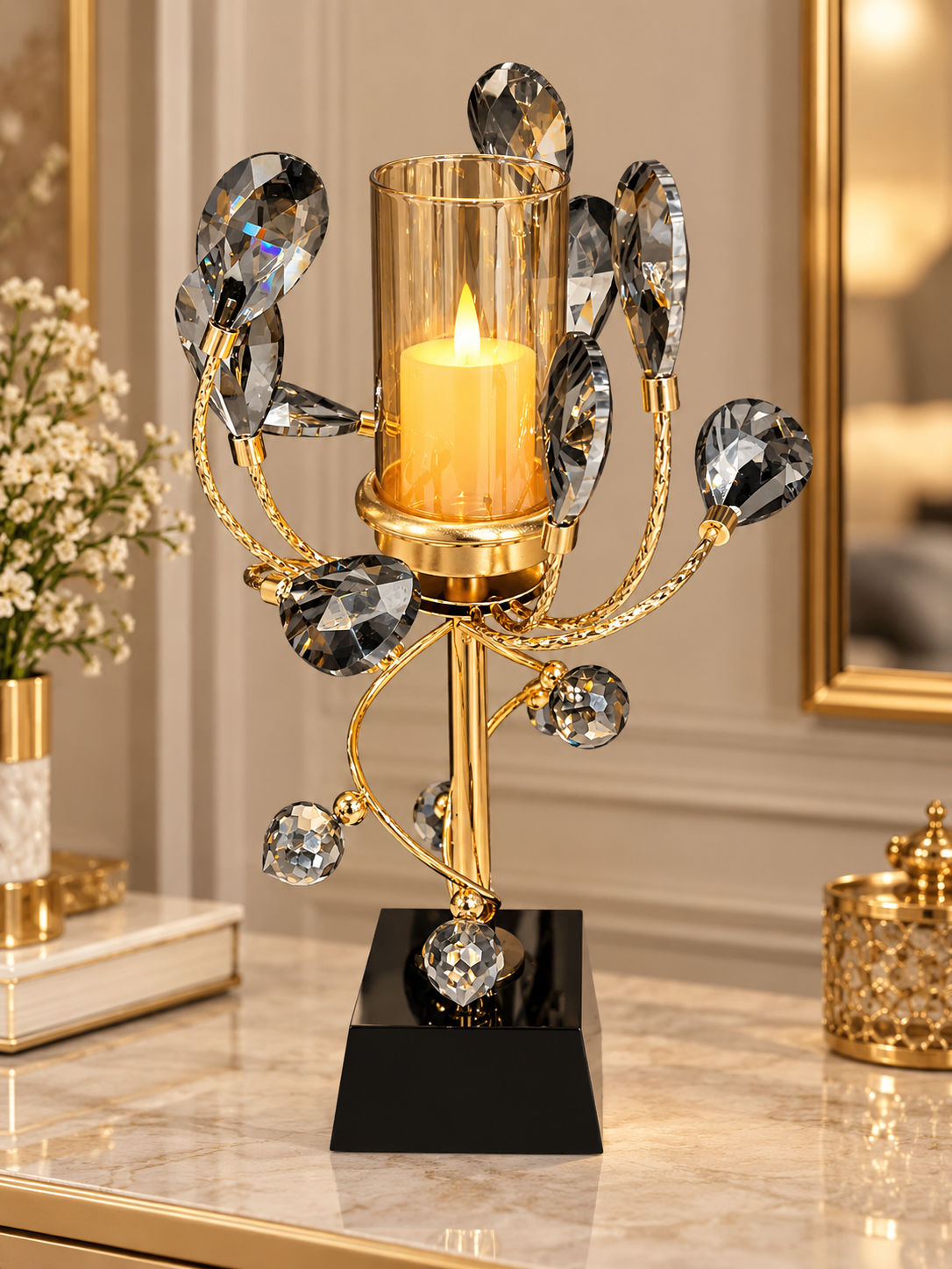 Luxury Gold & Black Crystal Candle Holder