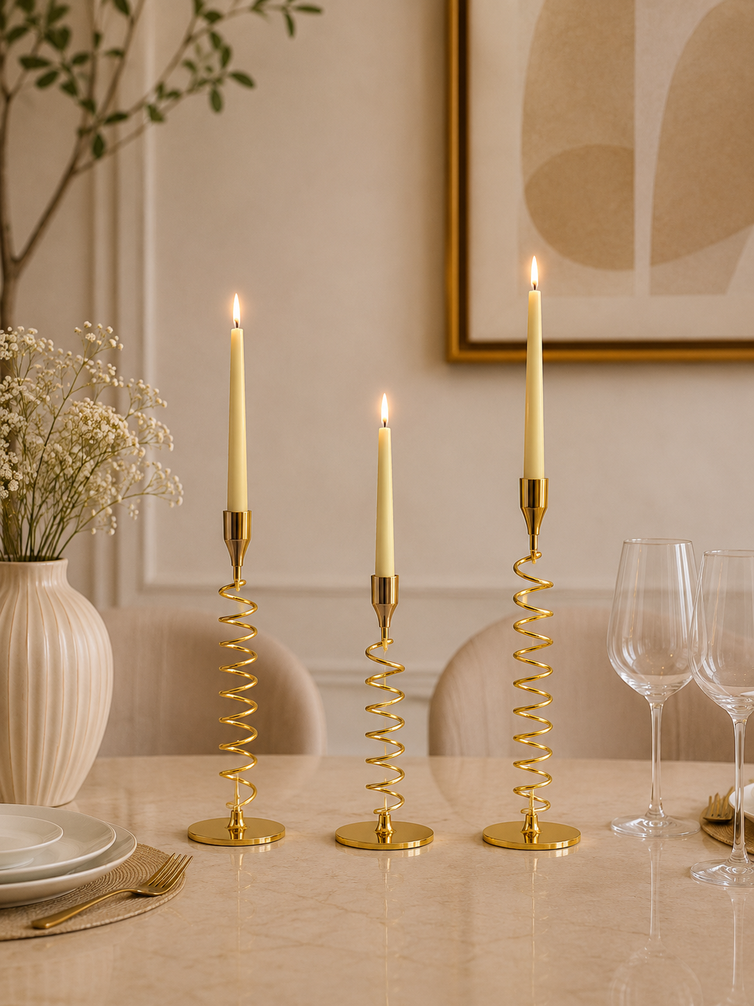 Luxury Gold Spiral Metal Taper Candle Holder Set of 3