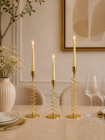 Luxury Gold Spiral Metal Taper Candle Holder Set of 3
