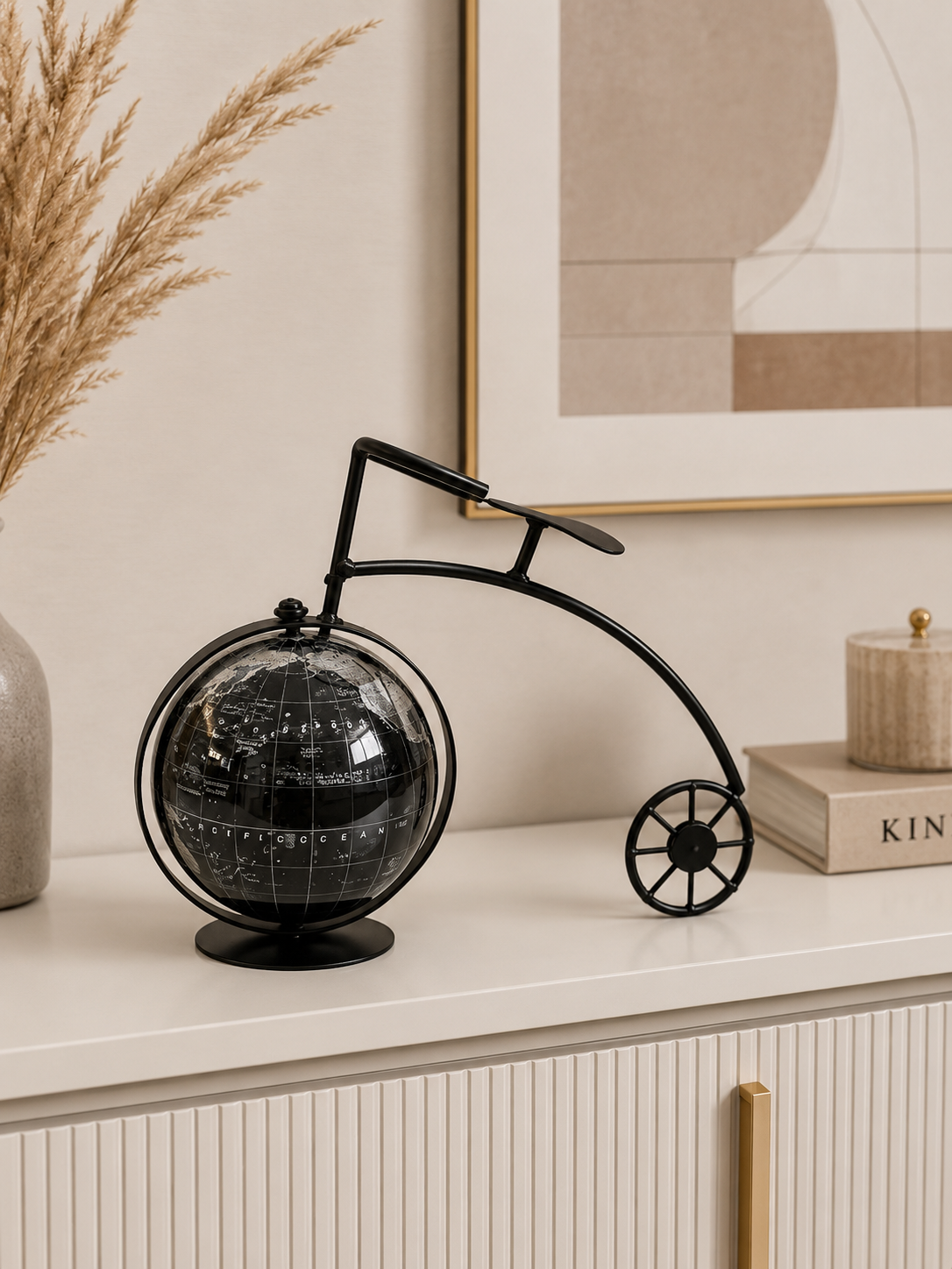 Vintage Black & Silver World Globe with Bicycle-Inspired Stand