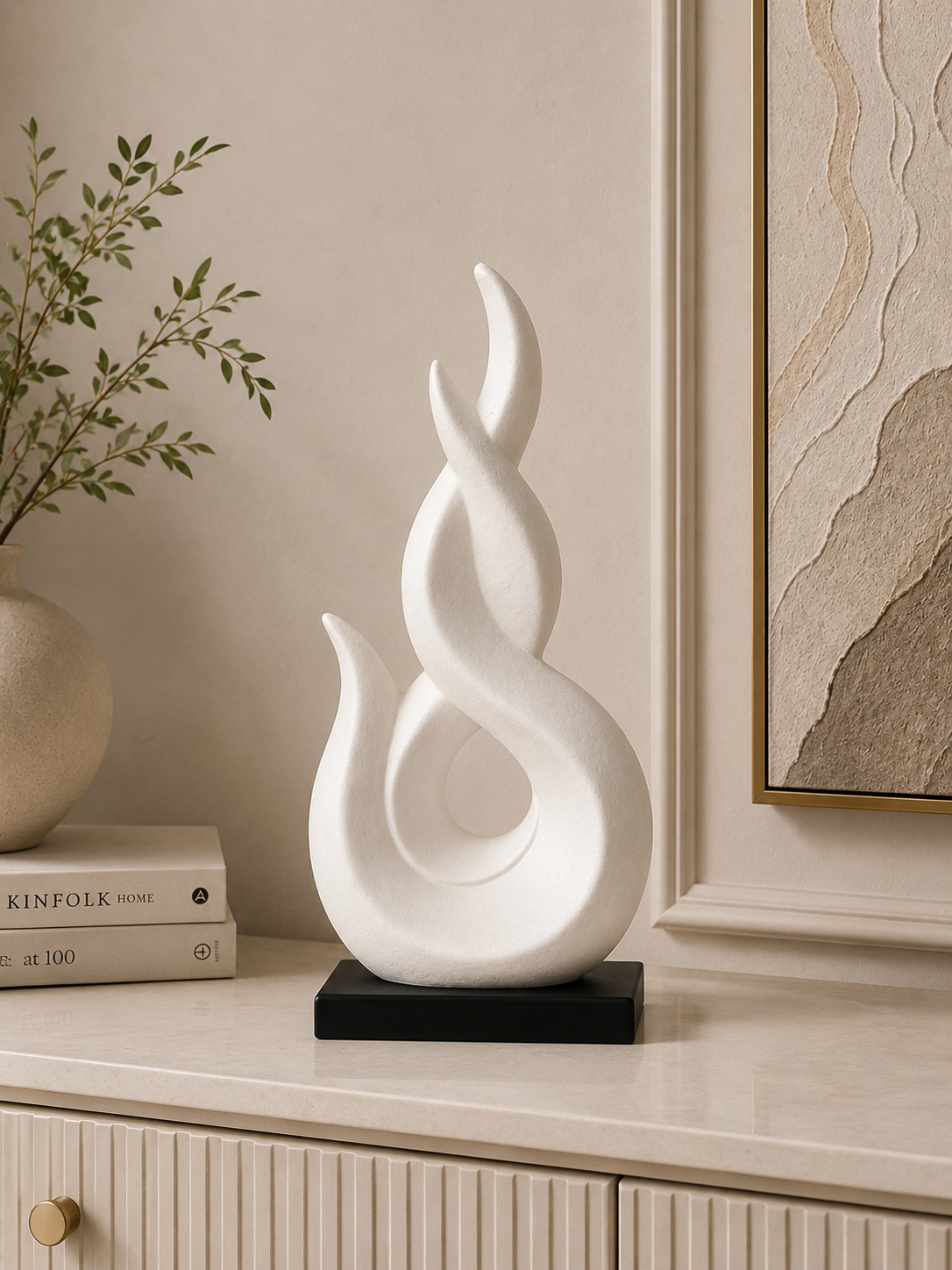 Modern Abstract Flame Sculpture with Black Base