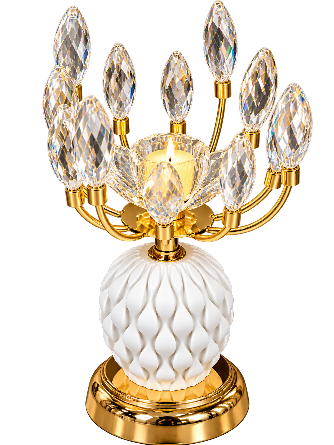 Luxury Gold Crystal Candle Holder with White Textured Base