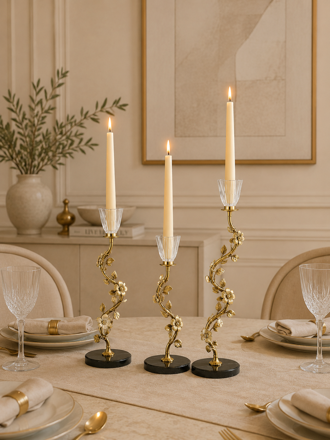Luxury Floral Gold Metal Candle Holder Set of 3 with Crystal-Style Cups