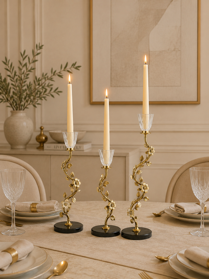 Luxury Floral Gold Metal Candle Holder Set of 3 with Crystal-Style Cups