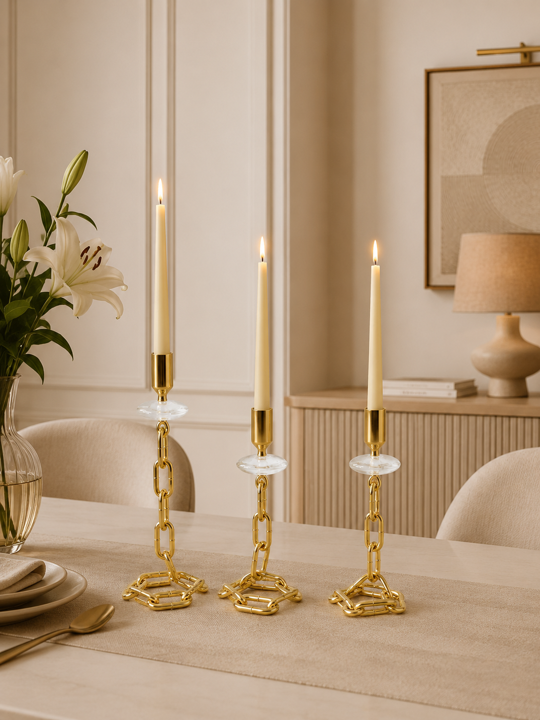 Luxury Gold Chain-Link Taper Candle Holder Set of 3