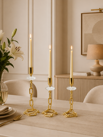 Luxury Gold Chain-Link Taper Candle Holder Set of 3