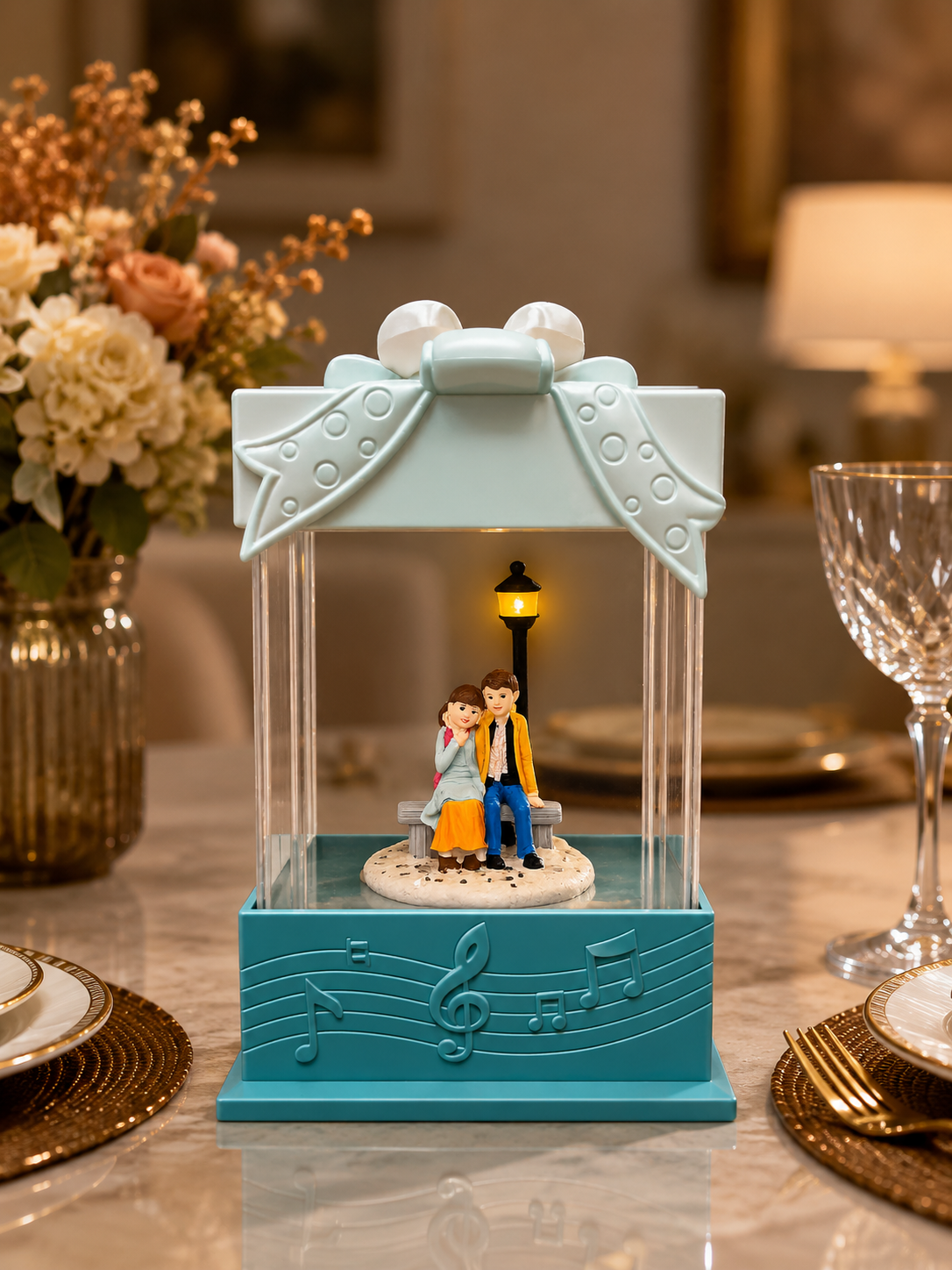 Romantic Couple Bench Scene Music Box