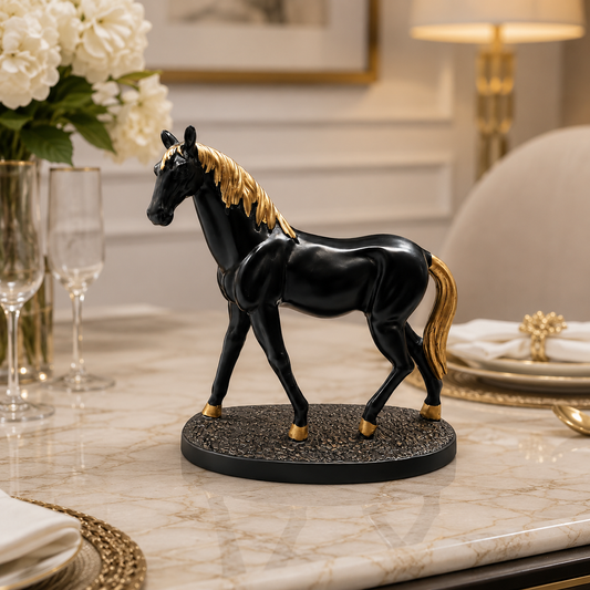 Royal Black & Gold Walking Horse Statue