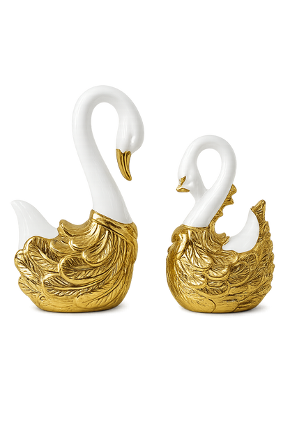 Luxury White & Gold Ceramic Swan Figurine Set