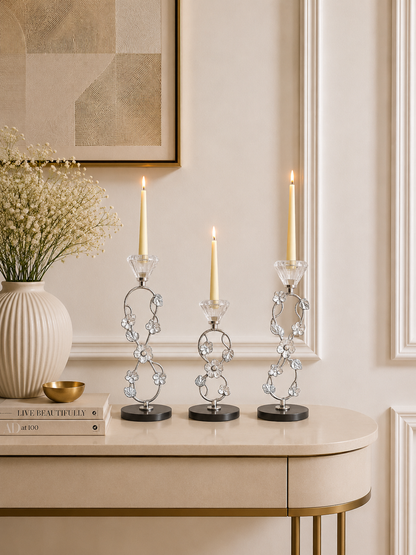 Elegant Silver Floral Crystal Taper Candle Holder Set of 3
