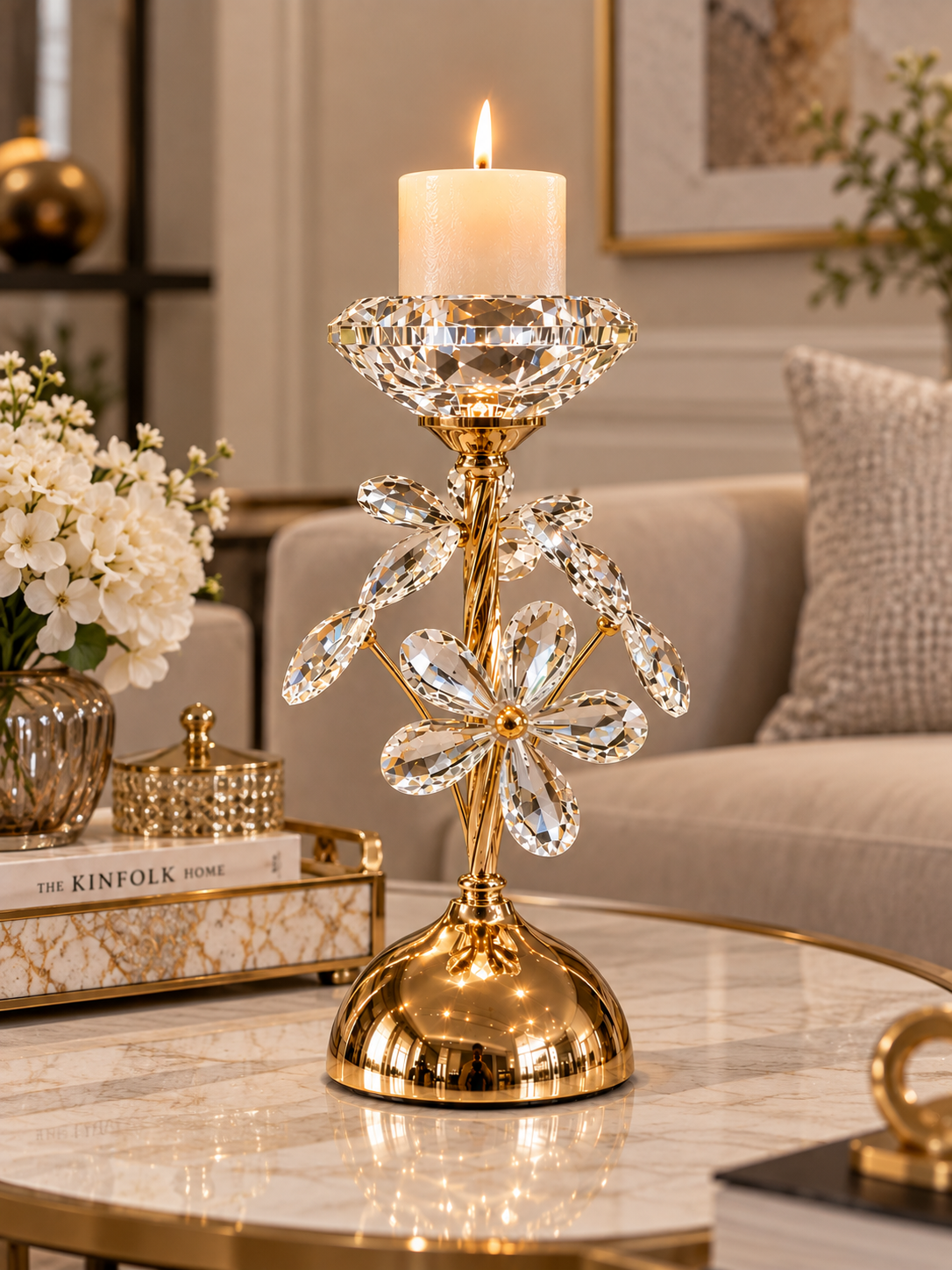 Luxury Gold Crystal Floral Candle Stand