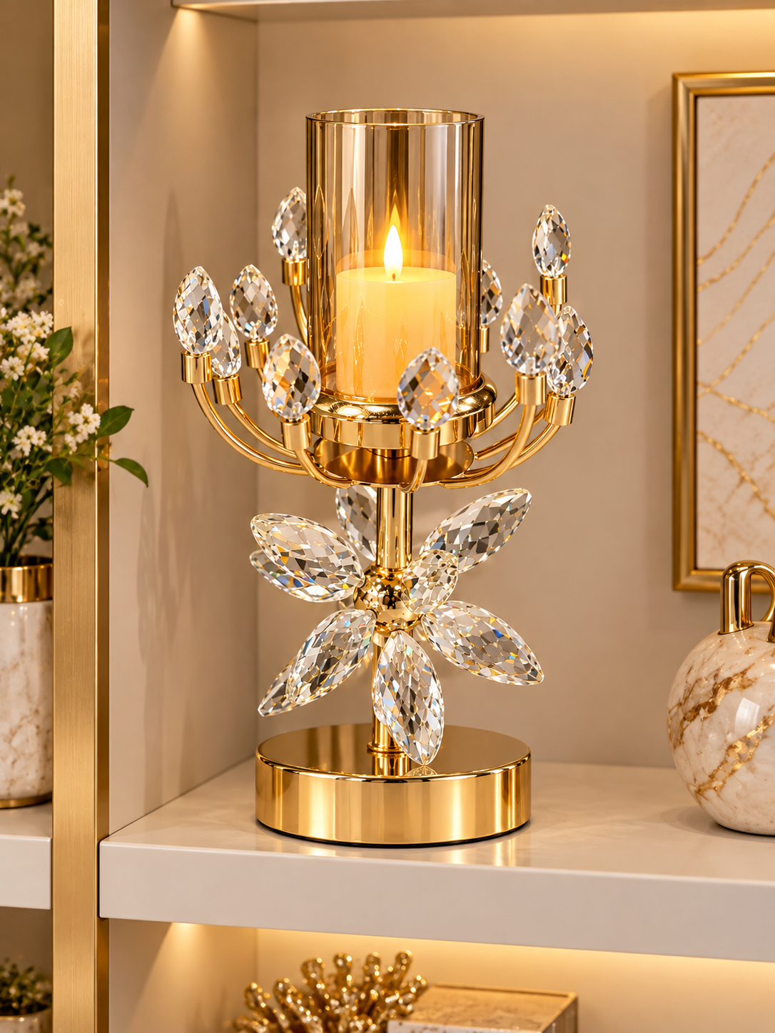Luxury Gold Crystal Floral Candle Holder