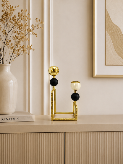 Luxury Gold Dual Taper Candle Holder with Black Accents