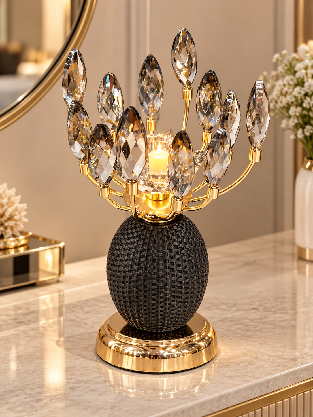 Luxury Gold Crystal Candle Holder with Black Textured Base