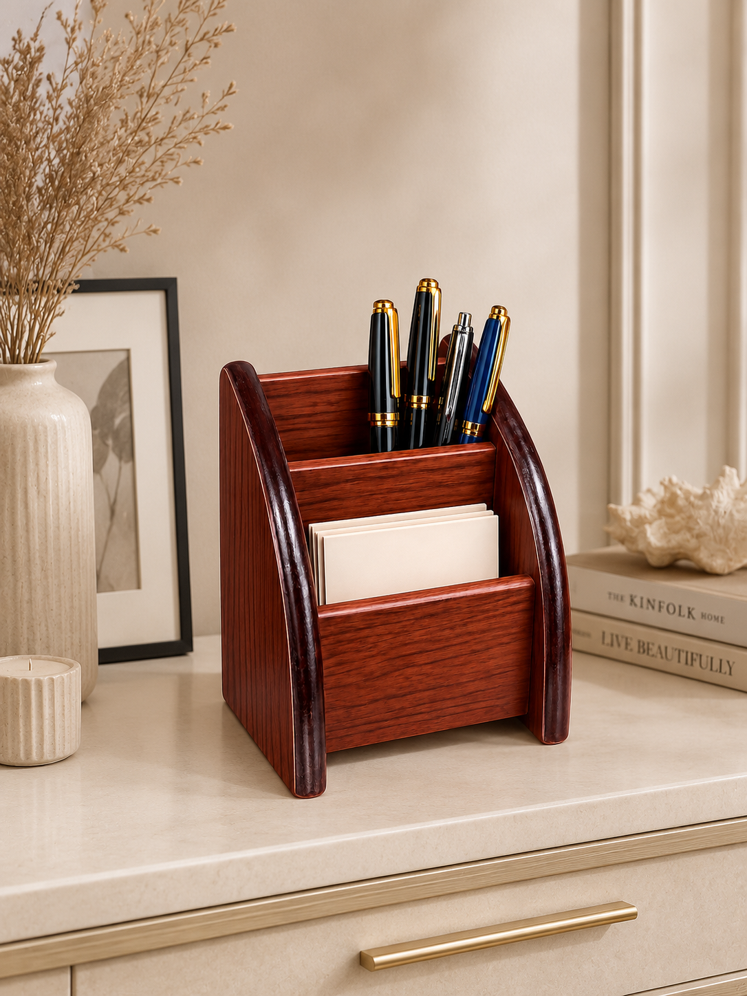 Premium Wooden Desk Organizer with Pen Holder & Memo Storage