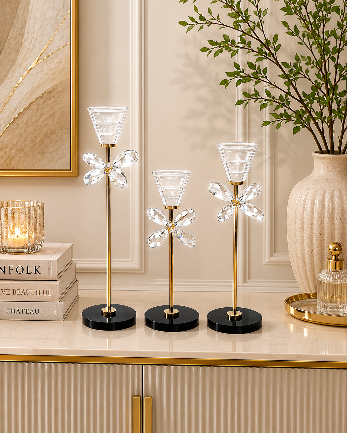 Luxury Crystal Flower Candle Holder Set of 3