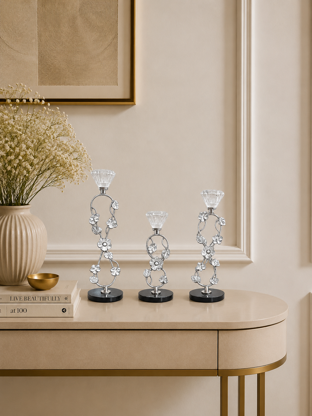 Elegant Silver Floral Crystal Taper Candle Holder Set of 3