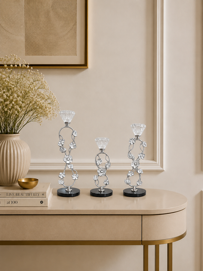 Elegant Silver Floral Crystal Taper Candle Holder Set of 3