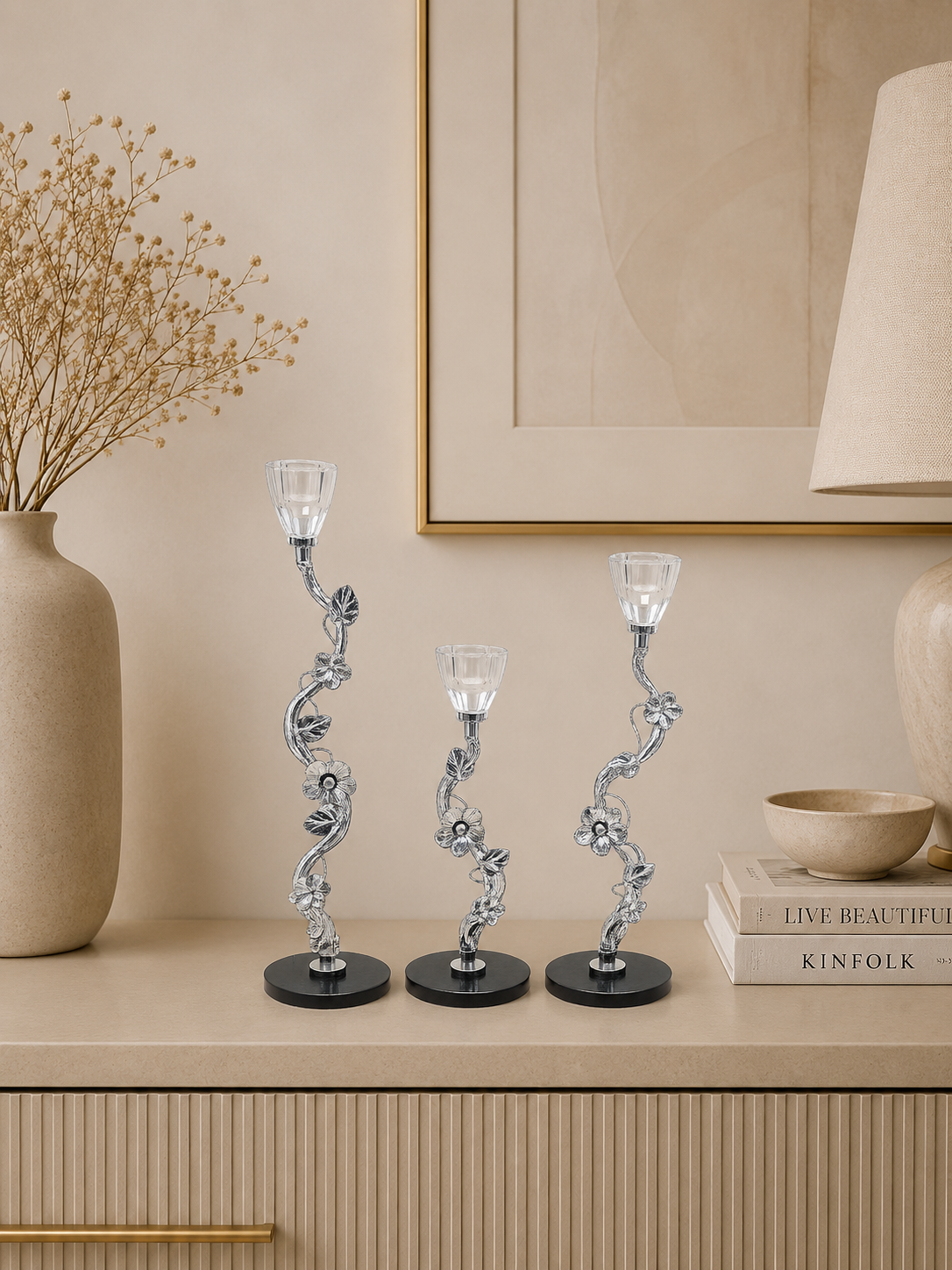 Luxury Silver Floral Crystal Taper Candle Holder Set of 3 with Black Marble Bases