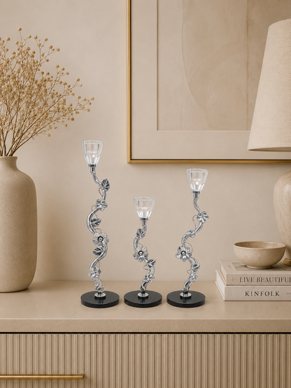 Luxury Silver Floral Crystal Taper Candle Holder Set of 3 with Black Marble Bases