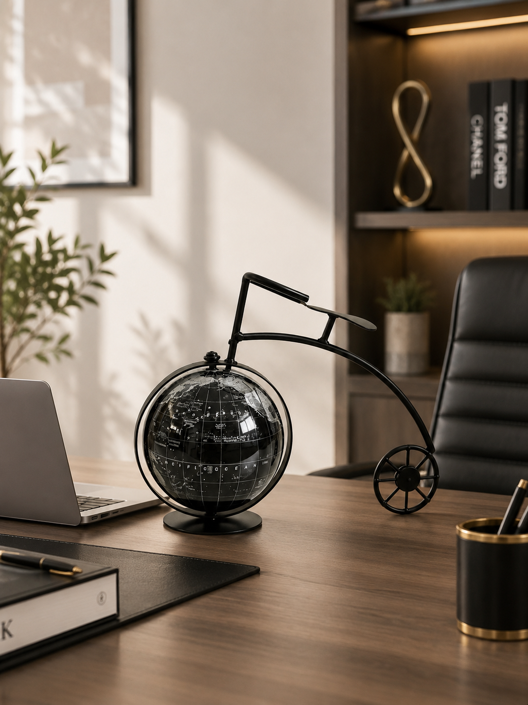 Vintage Black & Silver World Globe with Bicycle-Inspired Stand