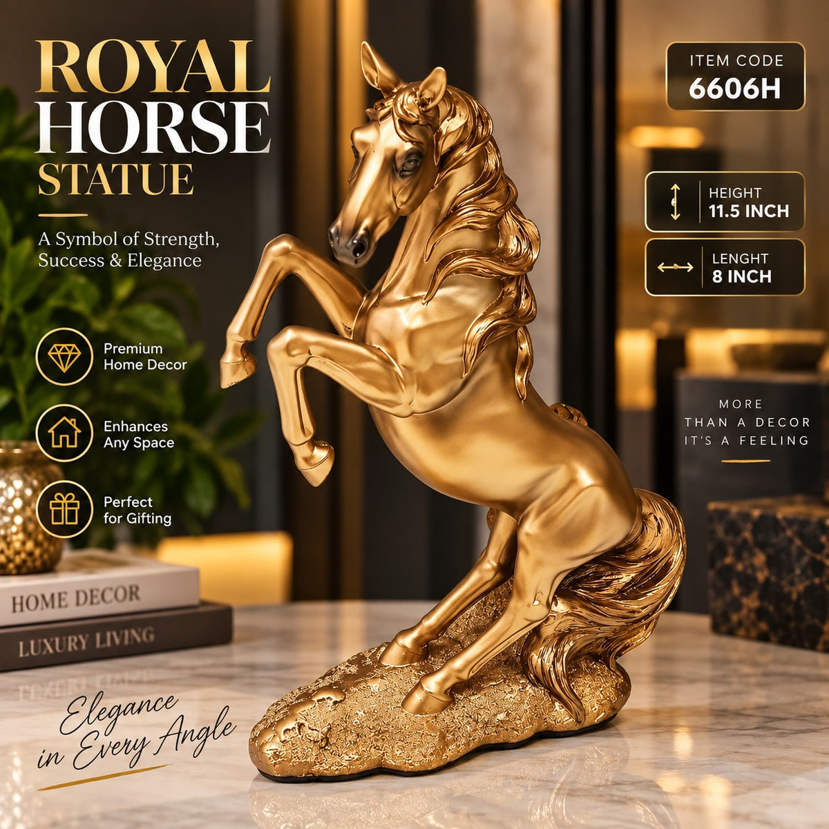 Majestic Royal Horse Statue – Luxury Golden Horse Sculpture for Home & Office Décor