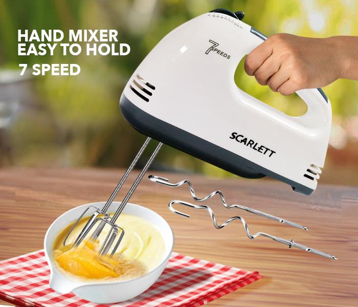 Super Speed Scarlett Hand Mixer - 7 Speed Egg Beater with Chrome Beater + Dough Hook (White)